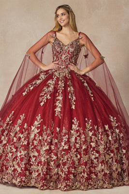 LA Merchandise LAT1442 Detachable Cape Embroidery Ball Quince Dress - BURGUNDY - LA Merchandise