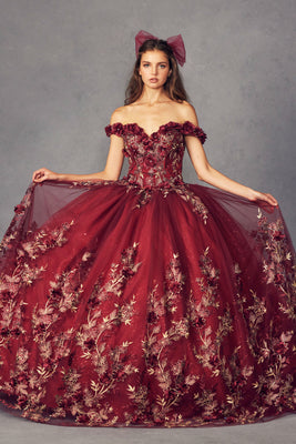 LA Merchandise LAT1447 Lace Applique Off Shoulder Ball Quince Gown - BURGUNDY - LA Merchandise