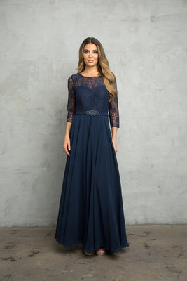 LA Merchandise LAV3227 Modest Lace Long Sleeve MOB Chiffon Gown - NAVY - Dress LA Merchandise