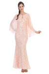 Load image into Gallery viewer, LA Merchandise LAV3276 Cape Sequin Evening Lace Dress - BLUSH - Dress LA Merchandise
