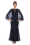 Load image into Gallery viewer, LA Merchandise LAV3276 Cape Sequin Evening Lace Dress - NAVY - Dress LA Merchandise