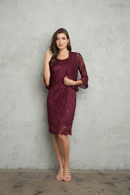 LA Merchandise LAV3347 2-Piece Knee Length MOB Lace Dress - BURGUNDY - Dress LA Merchandise