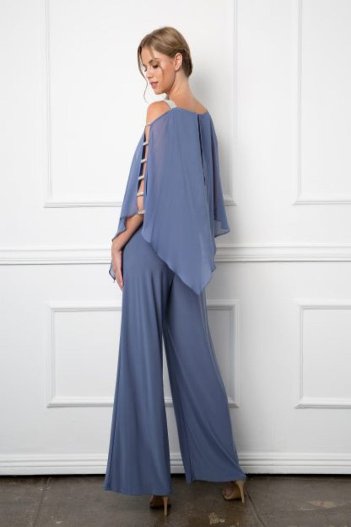 LA Merchandise LAV3381 Detailed Chiffon Cape on Stretch Jersey Jumpsui ...