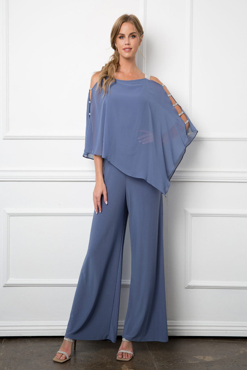 LA Merchandise LAV3381 Detailed Chiffon Cape on Stretch Jersey Jumpsui ...