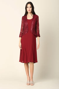LA Merchandise LAV3385 2 Piece Sequin Short MOB Jacket Dress - BURGUNDY - Dress LA Merchandise