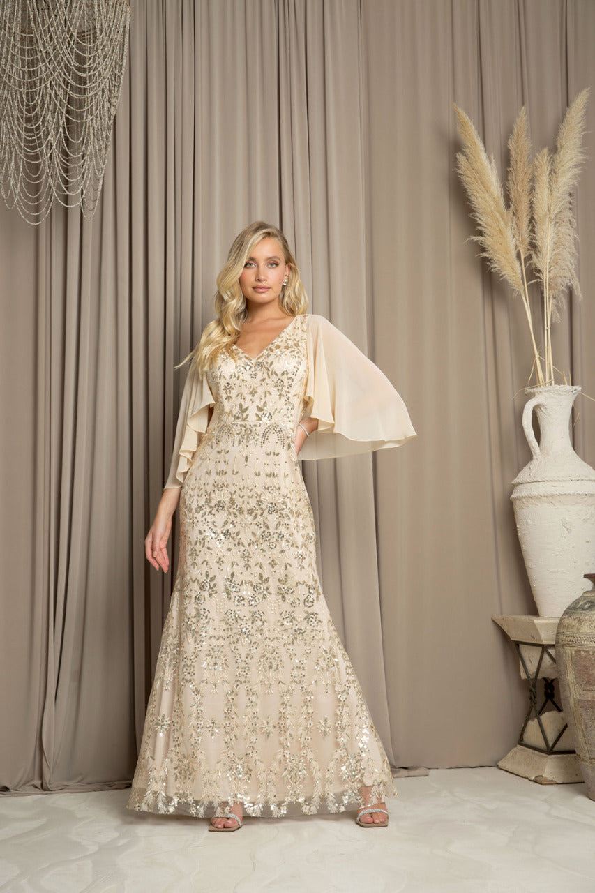 LA Merchandise LAV5255 Cape Overlay Embellished MOB Evening Gown - CHAMPAGNE - Dress LA Merchandise