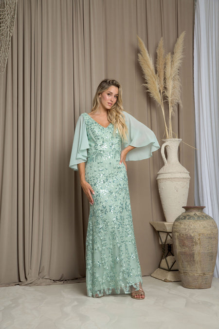 LA Merchandise LAV5255 Cape Overlay Embellished MOB Evening Gown - SAGE - Dress LA Merchandise