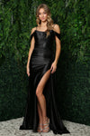 Load image into Gallery viewer, LA Merchandise LAXE1043 Off Shoulder Ruched Side Cape Prom Long Gown - BLACK - LA Merchandise
