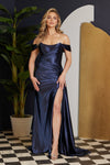 Load image into Gallery viewer, LA Merchandise LAXE1043 Off Shoulder Ruched Side Cape Prom Long Gown - NAVY BLUE - LA Merchandise