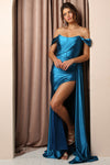 Load image into Gallery viewer, LA Merchandise LAXE1043 Off Shoulder Ruched Side Cape Prom Long Gown - TEAL - LA Merchandise