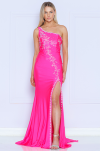 LA Merchandise LAY9136 One Shoulder Fitted Rhinestone Evening Gown - HOT PINK - LA Merchandise
