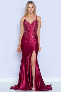 LA Merchandise LAY9142 Spaghetti Strap Embroidery Corset Evening Gown - WINE - LA Merchandise