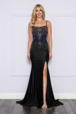LA Merchandise LAY9264 Corset Back Rhinestones Prom Fitted Long Gown - BLACK - LA Merchandise