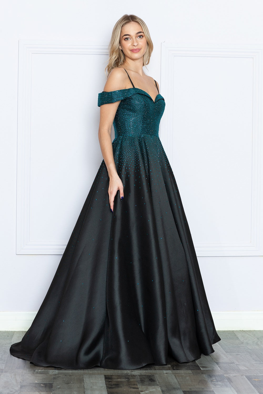 LA Merchandise LAY9278 Cold Shoulder A-line Prom Classy Evening Dress - BLACK TURQUOISE - LA Merchandise