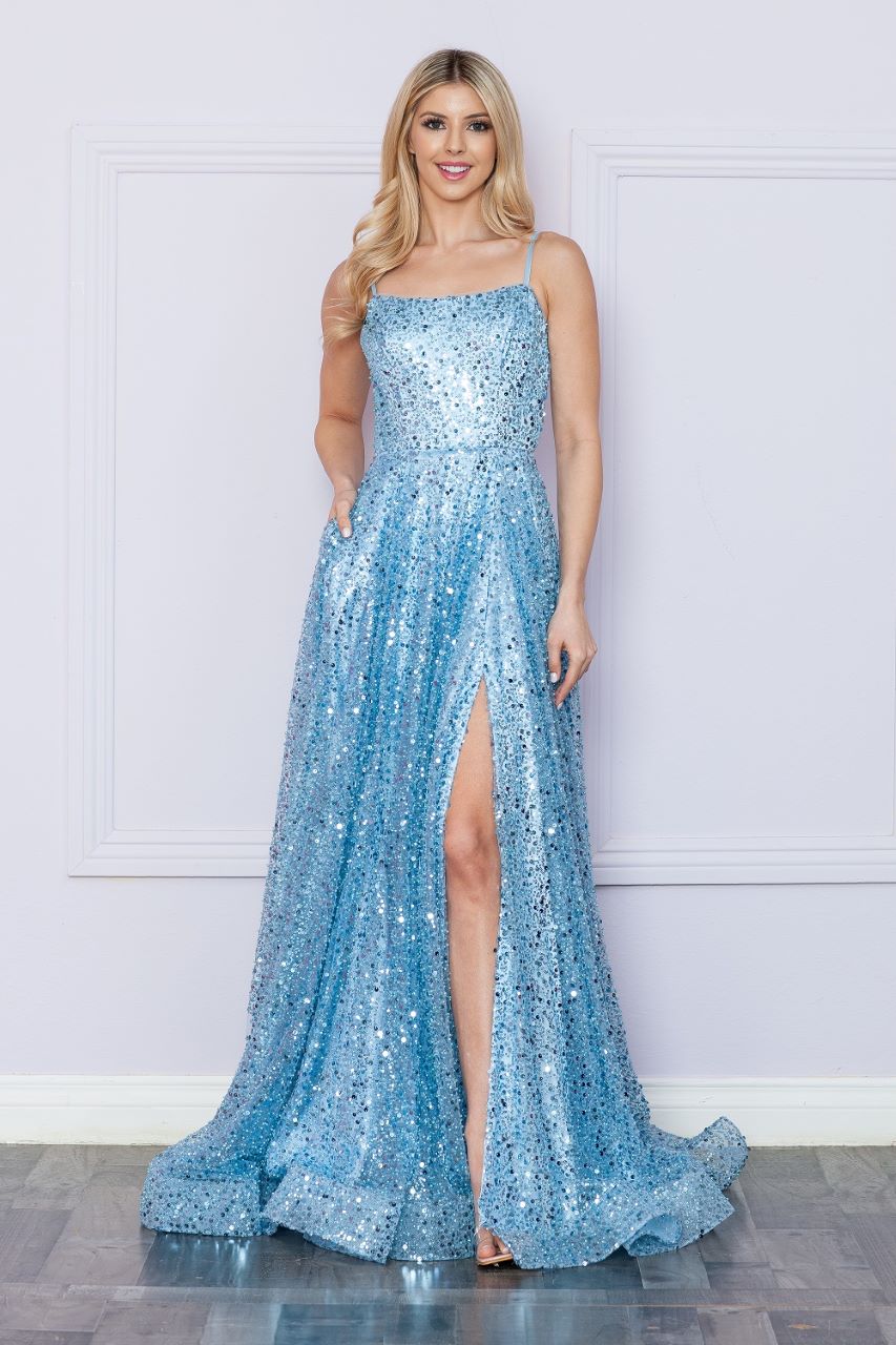 LA Merchandise LAY9290 Spaghetti Strap Sequin Lace-Up Evening Gown - BLUE - LA Merchandise