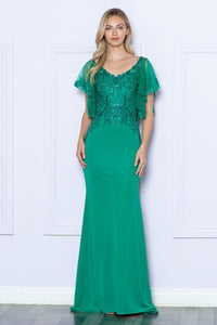 LA Merchandise LAY9318 Embroidered V Neck Long Formal Dress - EMERALD - LA Merchandise