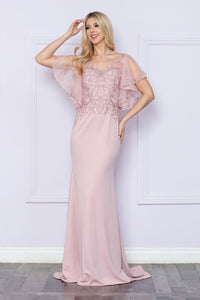 LA Merchandise LAY9318 Embroidered V Neck Long Formal Dress - MAUVE - LA Merchandise