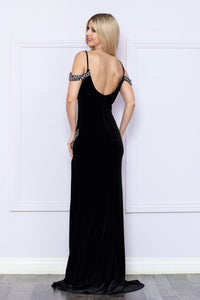 LA Merchandise LAY9378 Velvet Cold Shoulder Beaded Long Evening Dress - - LA Merchandise