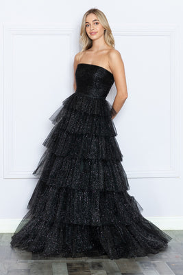 LA Merchandise LAY9386 A-line Layered Strapless Classy Prom Gown - BLACK - LA Merchandise