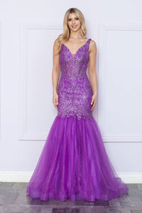 LA Merchandise LAY9388 Sleeveless Formal Mermaid Glitter Pageant Gown - PURPLE - LA Merchandise