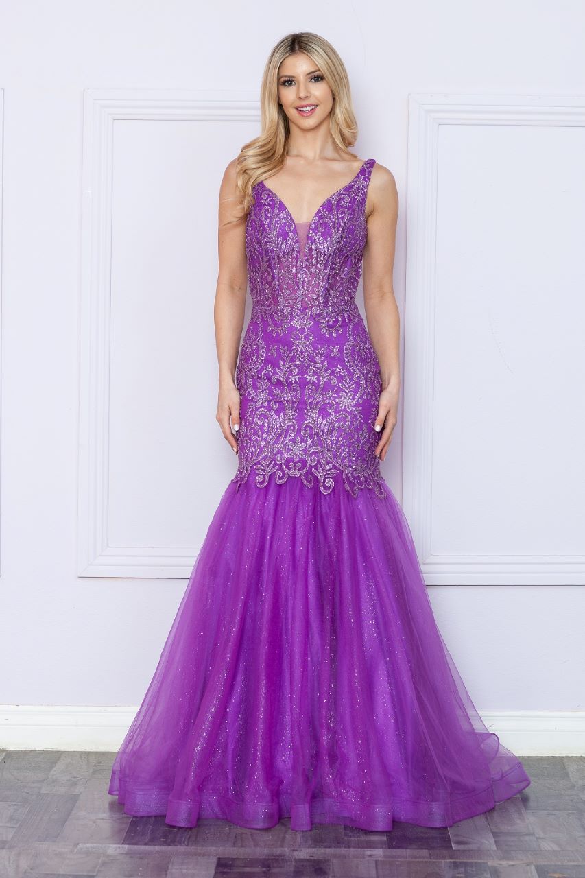 LA Merchandise LAY9388 Sleeveless Formal Mermaid Glitter Pageant Gown - PURPLE - LA Merchandise