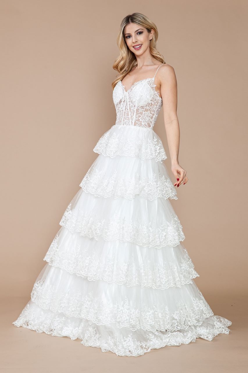 LA Merchandise LAY9402B Spaghetti Strap Off White Corset Wedding Dress - OFF-WHITE - LA Merchandise