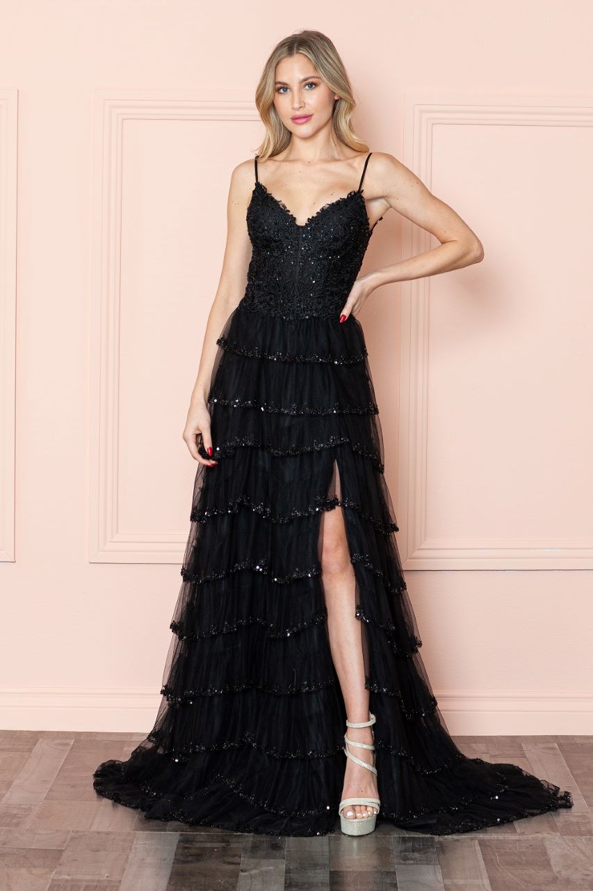 LA Merchandise LAY9404 Detailed Corset Tiered Ruffle Mesh Prom Gown - BLACK - LA Merchandise