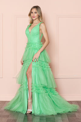 LA Merchandise LAY9406 Layered V-neck Classy Red Carpet Formal Gown - LIGHT GREEN - LA Merchandise