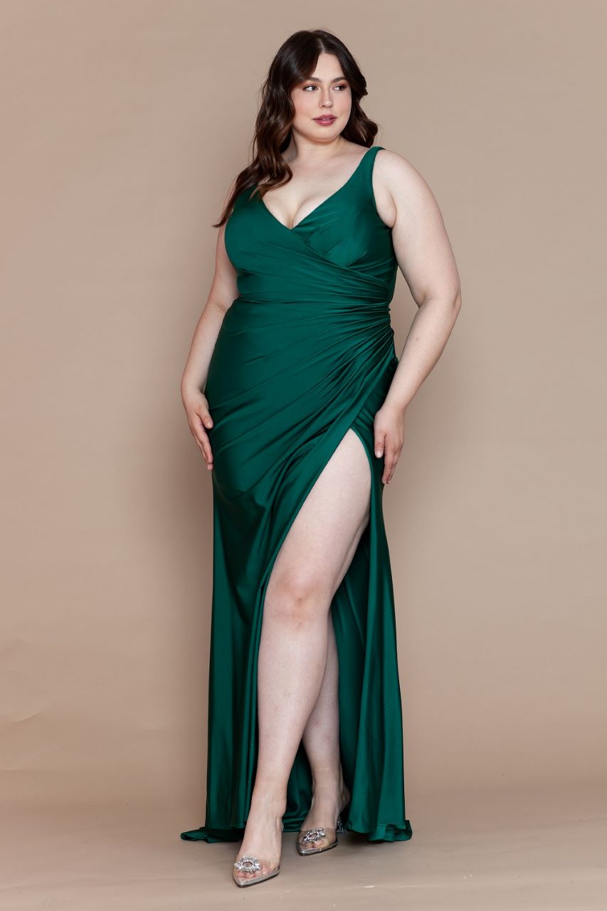 LA Merchandise LAYW1114 Plus Size Stretchy V-Neck Bridesmaids Dresses - EMERALD - LA Merchandise