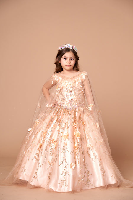 LA Merchandise LAZSCK301 3D Floral Applique Glitter Mini Quince Dress - BLUSH GOLD - LA Merchnadise