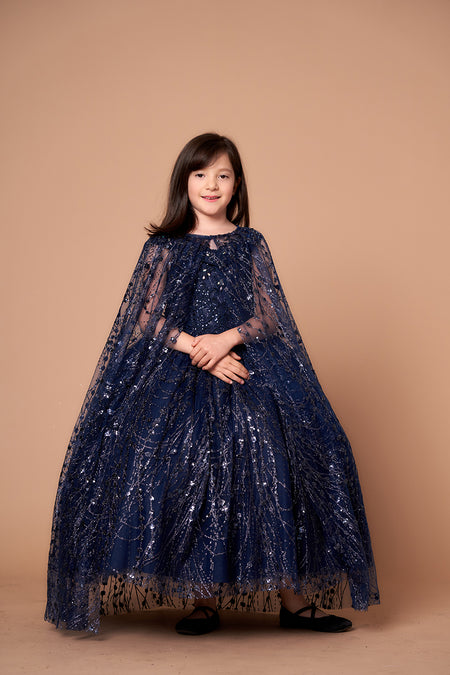 LA Merchandise LAZSCK303 Glitter Detachable Cape Mini Quince Dress - NAVY - LA Merchnadise