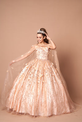 LA Merchandise LAZSCL30001 Detachable Cape Embroidered Quince Dress - BLUSH GOLD - Dress LA Merchnadise