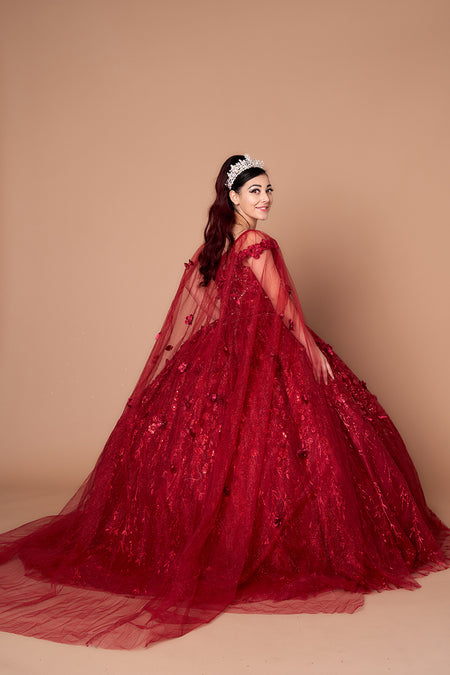 LA Merchandise LAZSCL30001 Detachable Cape Embroidered Quince Dress - BURGUNDY - Dress LA Merchnadise
