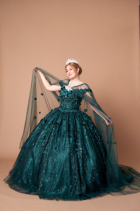 LA Merchandise LAZSCL30001 Detachable Cape Embroidered Quince Dress - EMERALD GREEN - Dress LA Merchnadise