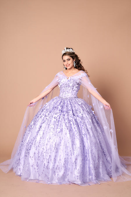 LA Merchandise LAZSCL30001 Detachable Cape Embroidered Quince Dress - LILAC - Dress LA Merchnadise