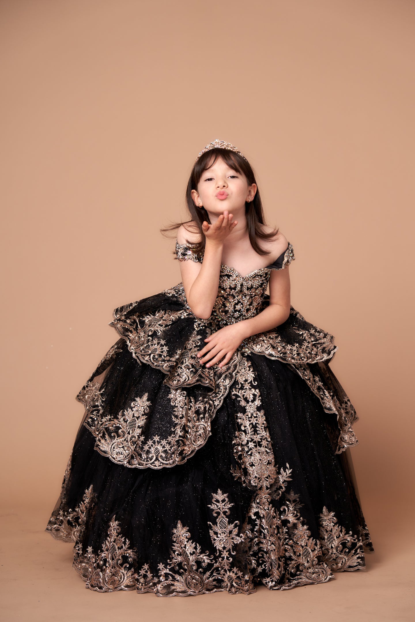LA Merchandise LAZWB102 Embroidered Off Shoulder Mini Quince Dress - BLACK GOLD - LA Merchnadise