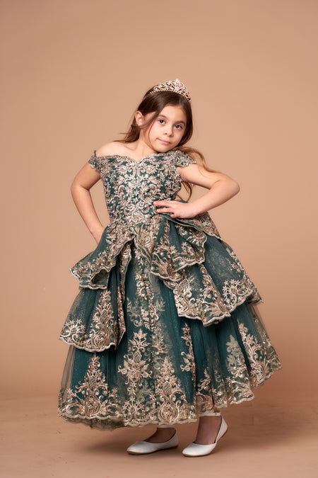 LA Merchandise LAZWB102 Embroidered Off Shoulder Mini Quince Dress - EMERALD GOLD - LA Merchnadise