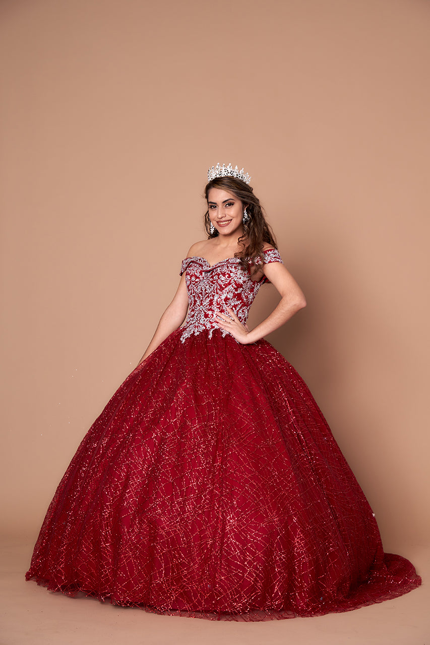 LA Merchandise LAZWB20509 Embroidered Off Shoulder Ball 15 Dress - BURGUNDY - Dress LA Merchnadise