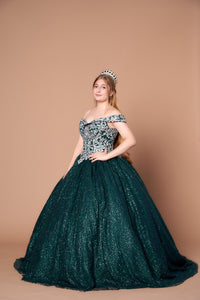 LA Merchandise LAZWB20509 Embroidered Off Shoulder Ball 15 Dress - EMERALD GREEN - Dress LA Merchnadise