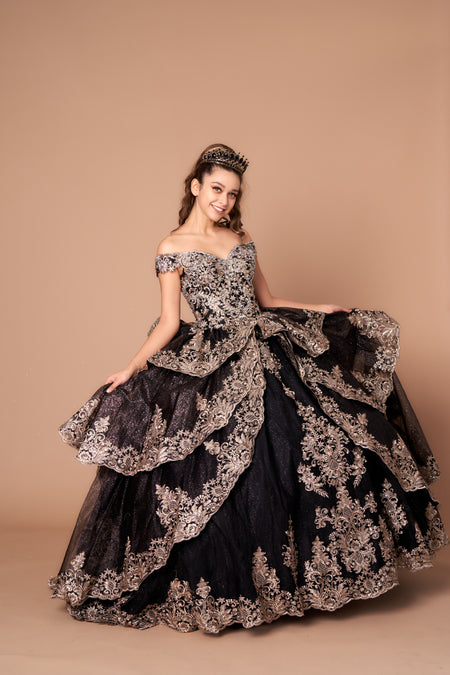 LA Merchandise LAZWB20525 Embroidered Layers Off Shoulder Quince Dress - BLACK GOLD - Dress LA Merchnadise