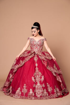 LA Merchandise LAZWB20525 Embroidered Layers Off Shoulder Quince Dress - BURGUNDY GOLD - Dress LA Merchnadise
