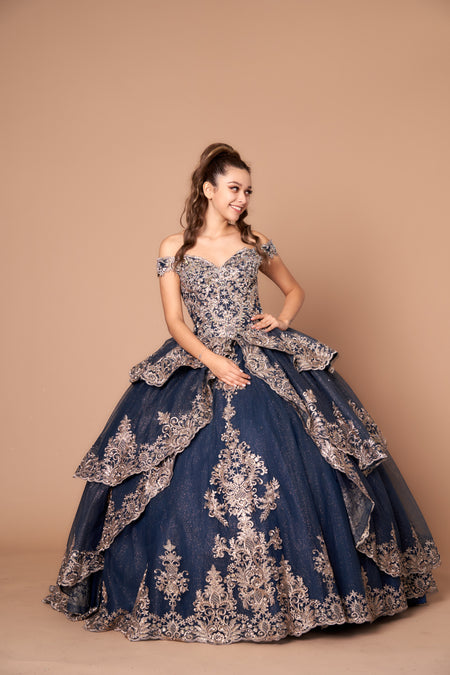 LA Merchandise LAZWB20525 Embroidered Layers Off Shoulder Quince Dress - NAV GOLD - Dress LA Merchnadise