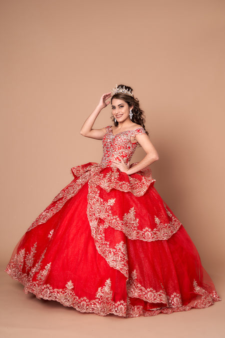 LA Merchandise LAZWB20525 Embroidered Layers Off Shoulder Quince Dress - RED GOLD - Dress LA Merchnadise