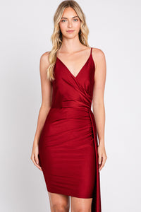 LA Merchandise LN3057 Simple V-Neck Wrap Short Bridesmaids Dress - BURGUNDY - LA Merchandise