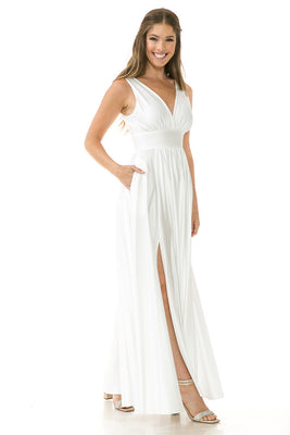 LA Merchandise LN5232B Simple Ivory Empire Waist Long Bridal Dress - IVORY - Dress LA Merchandise