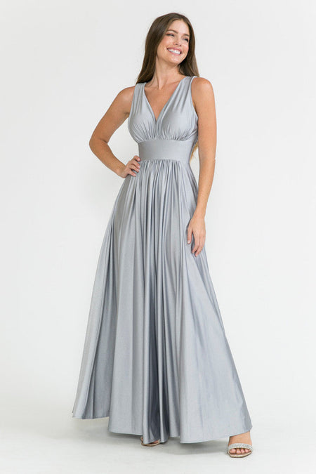 LA Merchandise LN5232 V-Neck Ruched Shiny Bridesmaid Dress - - Dress LA Merchandise