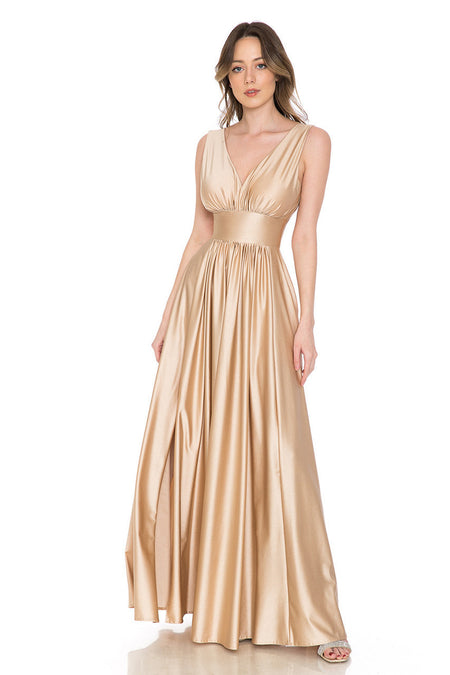 LA Merchandise LN5232 V-Neck Ruched Shiny Bridesmaid Dress - CHAMPAGNE - Dress LA Merchandise