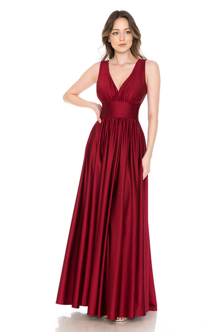 LA Merchandise LN5232 V-Neck Ruched Shiny Bridesmaid Dress - BURGUNDY - Dress LA Merchandise
