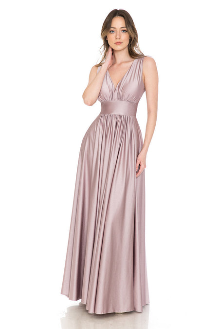 LA Merchandise LN5232 V-Neck Ruched Shiny Bridesmaid Dress - DUSTY ROSE - Dress LA Merchandise