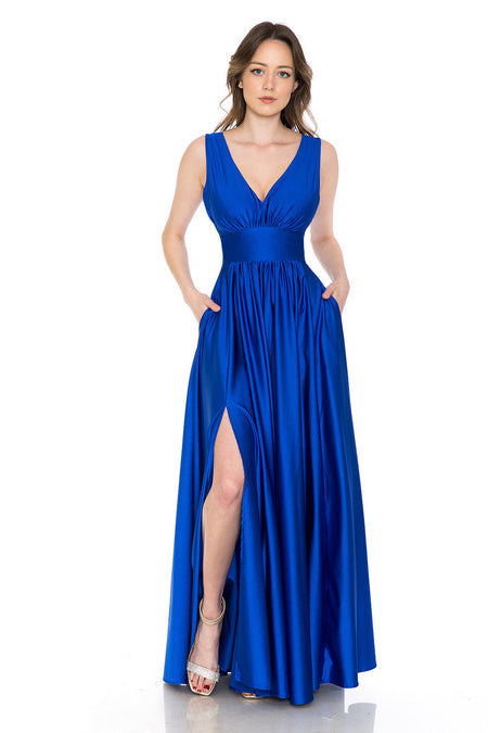 LA Merchandise LN5232 V-Neck Ruched Shiny Bridesmaid Dress - ROYAL BLUE - Dress LA Merchandise